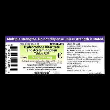 Hydrocodone Bitartrate / Acetaminophen 5 mg - 325 mg Tablet Bottle 100 Tablets CII - 00406012301