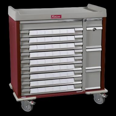 Medication Cart Standard Line Steel 23.5 X 43 X 45.75 Inch Burgundy 17 X 27.5 Inch Left Side Drawer, 17 X 6.25 Inch Right Side Drawer