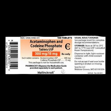 Acetaminophen / Codeine 300 mg - 15 mg Tablets by Mallinckrodt - 100 Count Bottle CIII